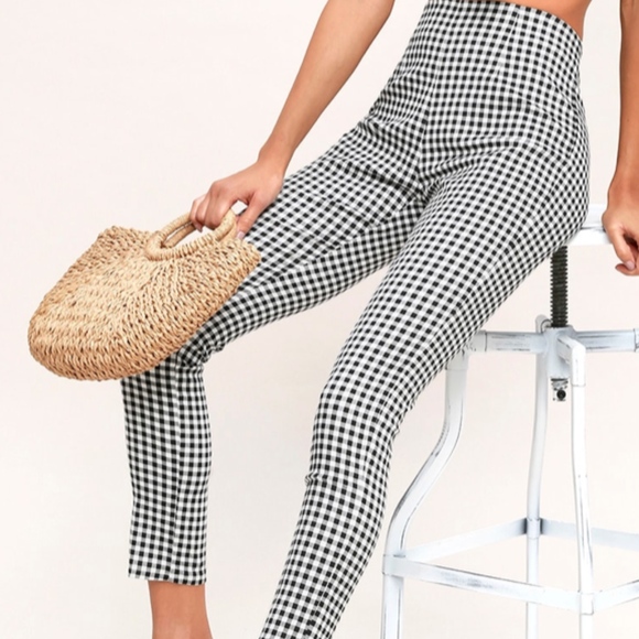 Lulus Pants - PLAID REPUTATION BLACK AND WHITE GINGHAM HIGH-WAIS